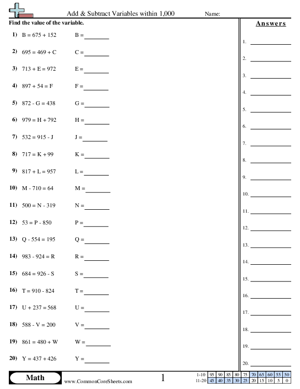Add & Subtract within 1,000 worksheet